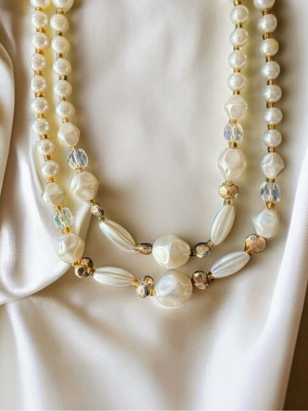 Vintage Japan Double Strand Faux Pearl Necklace with Gold and Crystal Accents